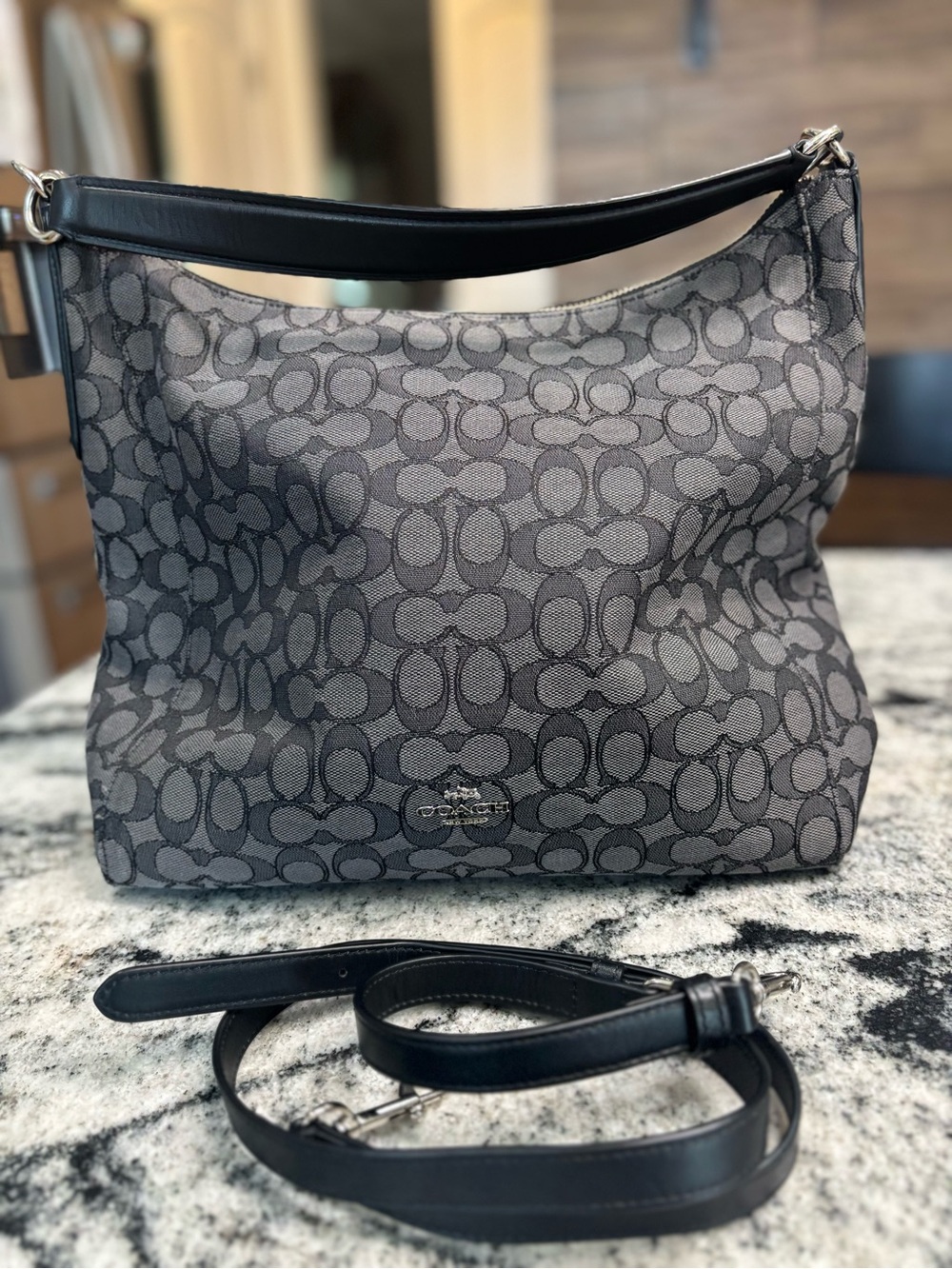 Coach Celeste Gray/Black Signature Jaquard Canvas Hobo with Removable Strap